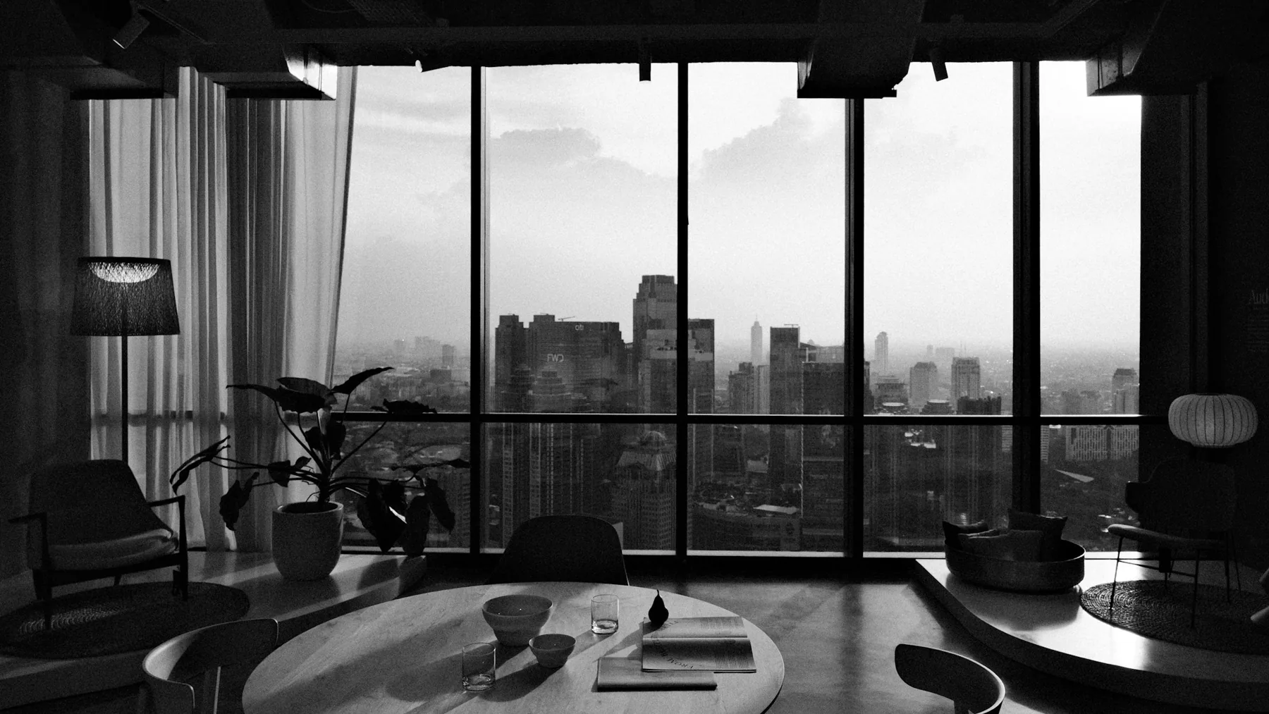A bright modern office with a city view